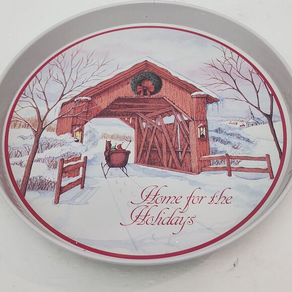 SNP Holiday Tin Tray Home For The Holidays with Red Bridge & Sleigh 11.5 In READ - Picture 6 of 9